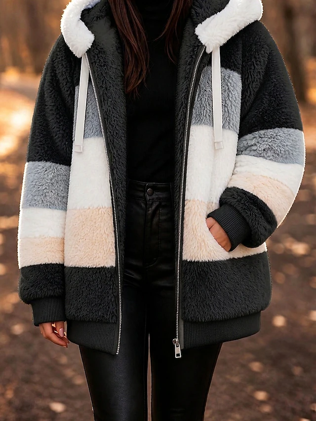 Women's Fleece Jacket Teddy Coat Hoodie Jacket Warm Breathable Zipper Pocket Fleece Lined Casual Stripe Vacation Street Daily Wear Going out Zipper