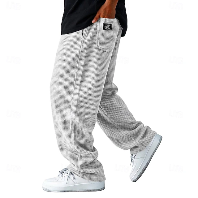 Men's Trousers Casual Pants Waffle Pants Drawstring Pocket Elastic Waist Plain Comfort Soft Casual Daily Outdoor Vacation Fashion Blue White Micro-elastic