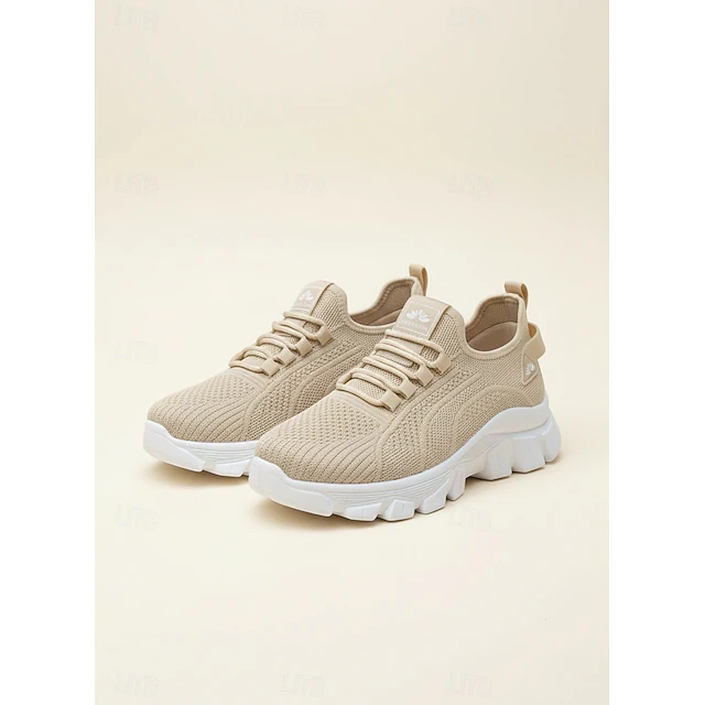 Women's Khaki Breathable Walking Shoes - Lightweight Lace-Up Comfort Sneakers For Travel and Daily Wear
