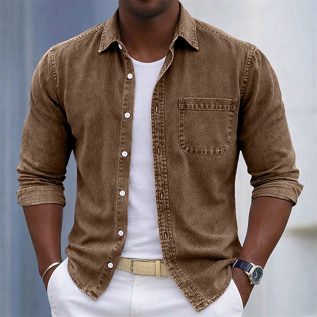 SoftFade™ Men's Shirt Casual Shirt Cotton Acid Wash Shirt Acid Wash Shirt Blue Black Light Green Burgundy Navy Blue Long Sleeve Plain Shirt Collar Casual Daily Front Pocket Clothing Apparel