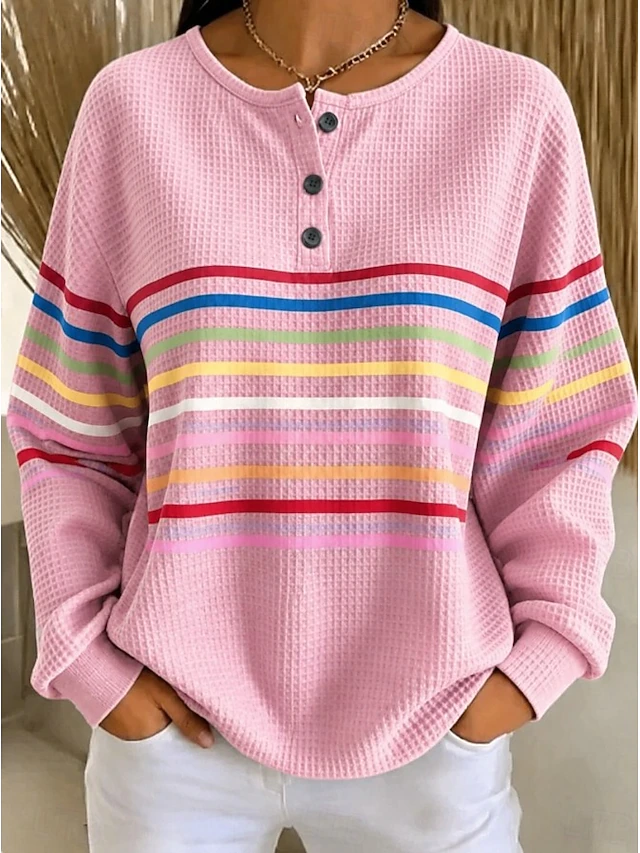 Women's Textured Pullover Sweatshirt Buttons Graphic Geometric Plaid Fashion Casual Print Long Sleeve Crew Neck Round Neck Regular Tops