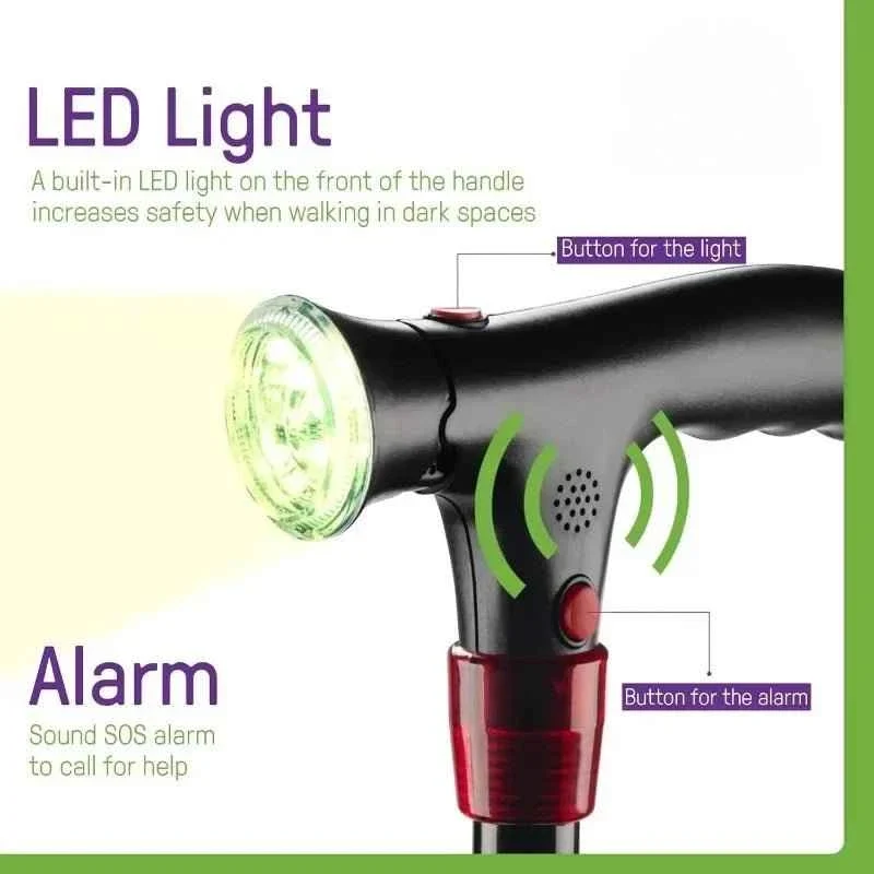 Smart Walking Cane for Seniors with SOS Alarm - Foldable, LED & 4-Prong Pivot Base