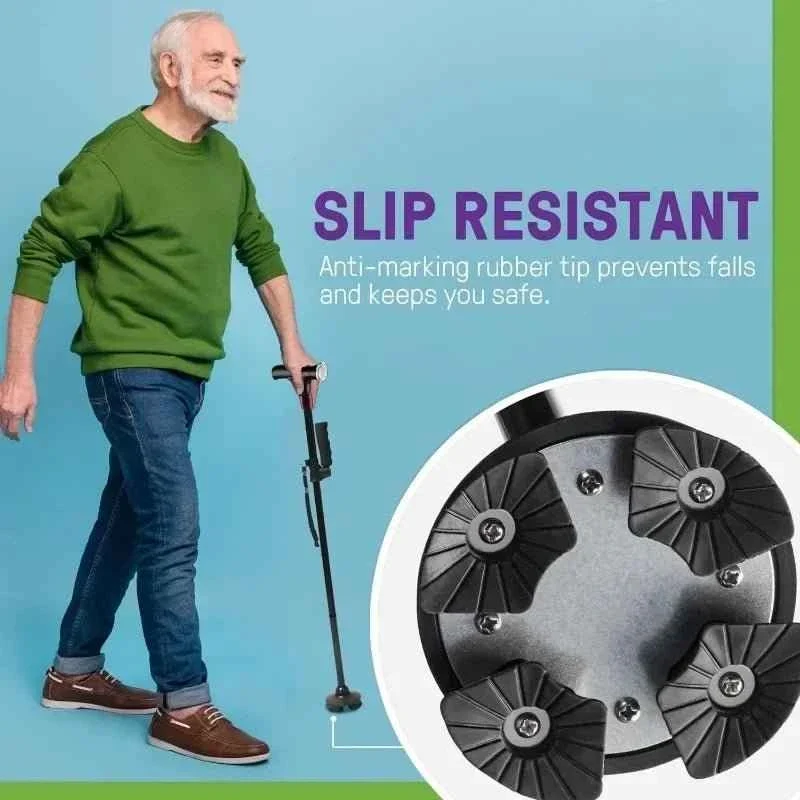 Smart Walking Cane for Seniors with SOS Alarm - Foldable, LED & 4-Prong Pivot Base
