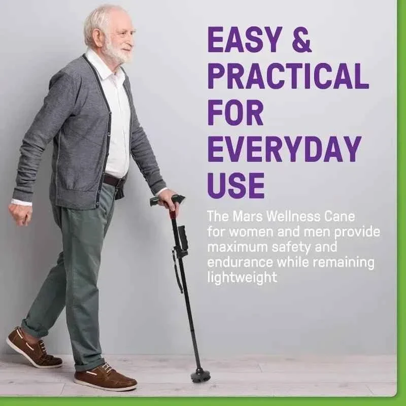 Smart Walking Cane for Seniors with SOS Alarm - Foldable, LED & 4-Prong Pivot Base