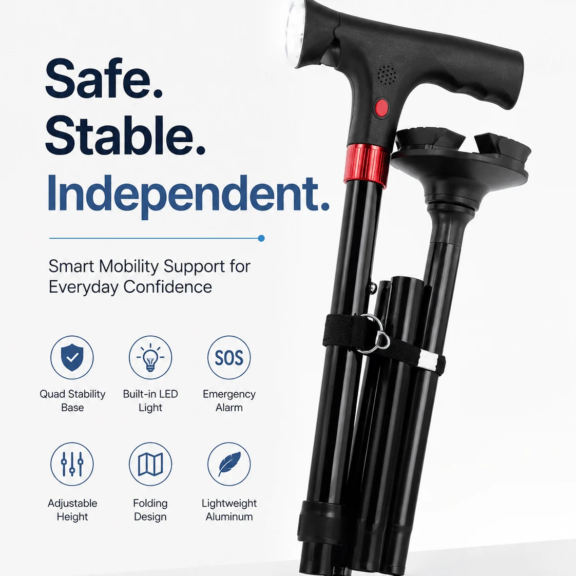 Smart Walking Cane for Seniors with SOS Alarm - Foldable, LED & 4-Prong Pivot Base