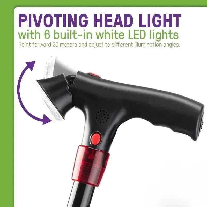 Smart Walking Cane for Seniors with SOS Alarm - Foldable, LED & 4-Prong Pivot Base