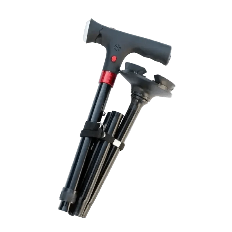 Smart Walking Cane for Seniors with SOS Alarm - Foldable, LED & 4-Prong Pivot Base