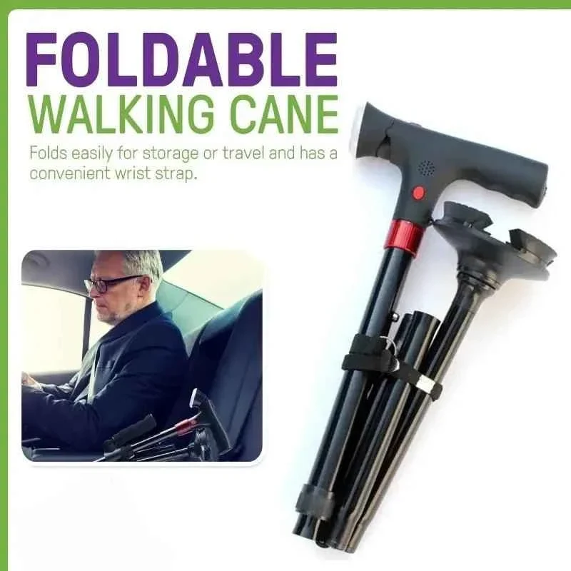 Smart Walking Cane for Seniors with SOS Alarm - Foldable, LED & 4-Prong Pivot Base