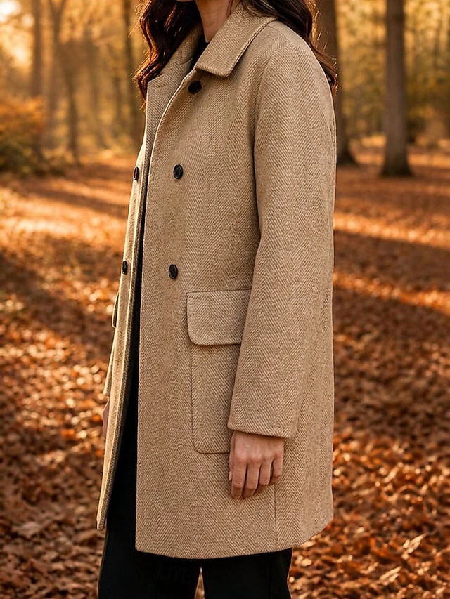Women's Overcoat Peacoat Warm Pocket Buttons Elegant Classic Solid Color Casual Long Turndown Long Sleeve Outerwear Black Red Camel Fall Winter