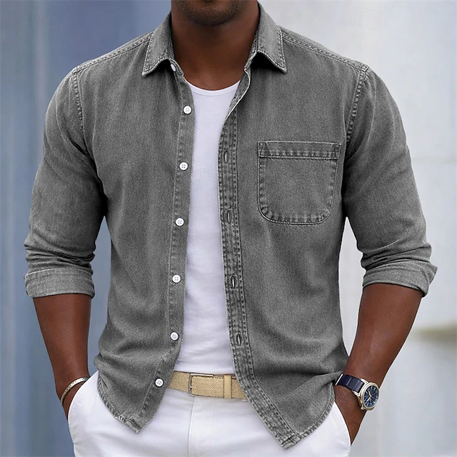 SoftFade™ Men's Shirt Casual Shirt Cotton Acid Wash Shirt Acid Wash Shirt Blue Black Light Green Burgundy Navy Blue Long Sleeve Plain Shirt Collar Casual Daily Front Pocket Clothing Apparel