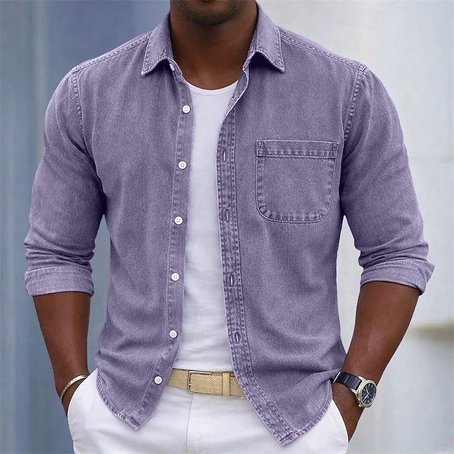 SoftFade™ Men's Shirt Casual Shirt Cotton Acid Wash Shirt Acid Wash Shirt Blue Black Light Green Burgundy Navy Blue Long Sleeve Plain Shirt Collar Casual Daily Front Pocket Clothing Apparel
