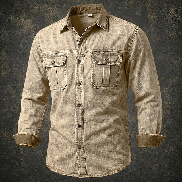 SoftFade™ Men Shirt Western Shirt Garment Dyed Acid Wash Shirt Blue Black Red Purple Green Long Sleeve Plain Shirt Collar Casual Daily Patchwork Clothing Apparel Elegant Fashion Casual