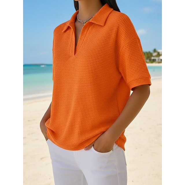 Multi Packs 2pcs Women's Waffle T-shirt Polo Shirts Tee Waffle Knit Tops Plain Fashion Basic Classic Short Sleeve Shirt Collar Regular Tops Casual Daily Beach Yellow+Orange