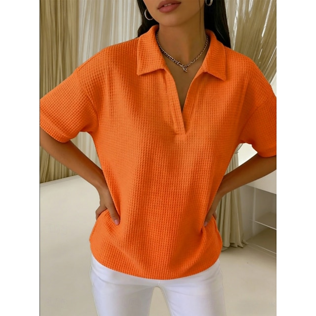 Multi Packs 2pcs Women's Waffle T-shirt Polo Shirts Tee Waffle Knit Tops Plain Fashion Basic Classic Short Sleeve Shirt Collar Regular Tops Casual Daily Beach Yellow+Orange