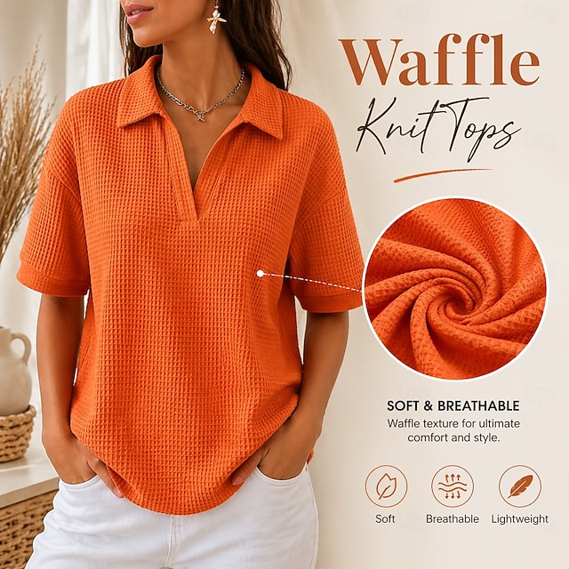 Multi Packs 2pcs Women's Waffle T-shirt Polo Shirts Tee Waffle Knit Tops Plain Fashion Basic Classic Short Sleeve Shirt Collar Regular Tops Casual Daily Beach Yellow+Orange