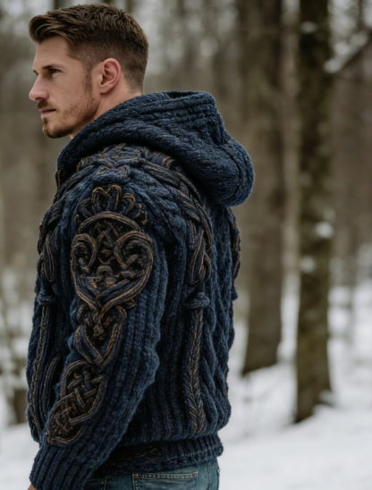 🧥 Мъжка плетена жилетка с цип и качулка с викингски келтски възел – топла и стилна