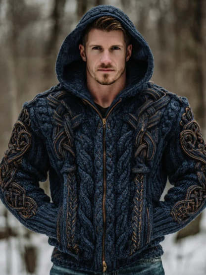 🧥 Мъжка плетена жилетка с цип и качулка с викингски келтски възел – топла и стилна