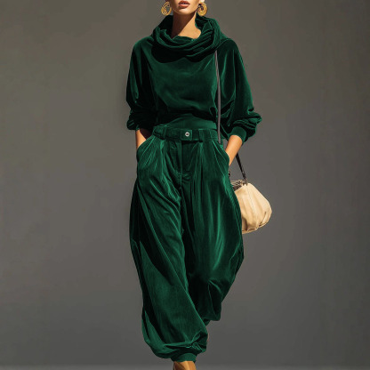 Винтидж комплект от кафяво кадифе с суичър с качулка и свободно падащ панталон