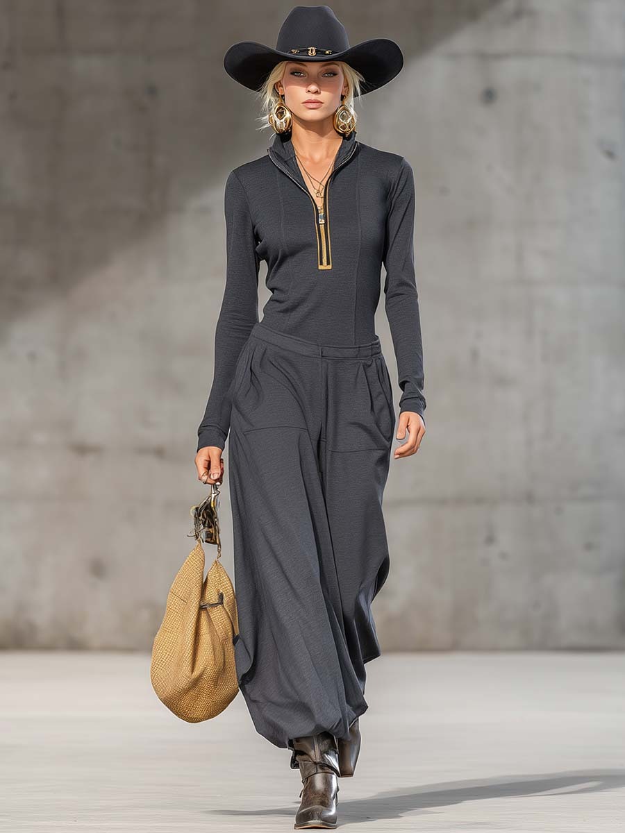 Casual Retro Sports Dark Gray Half-high Collar Front Zipper Long-sleeved Top And Wide Pants Set