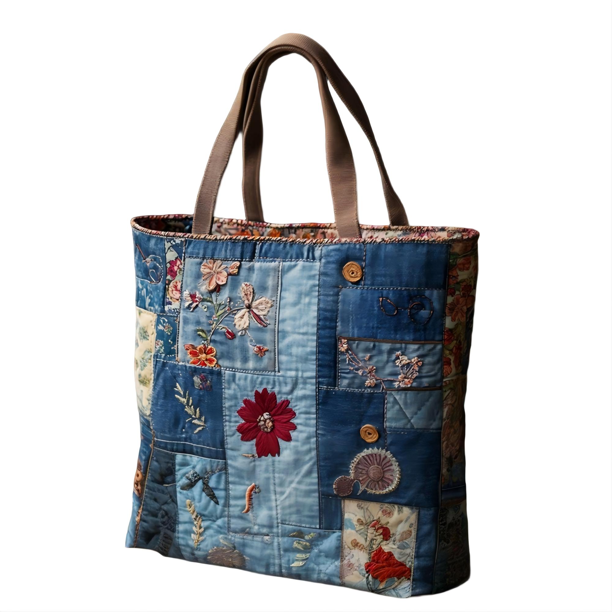 Indigo Flowers Quilted Tote Bag 