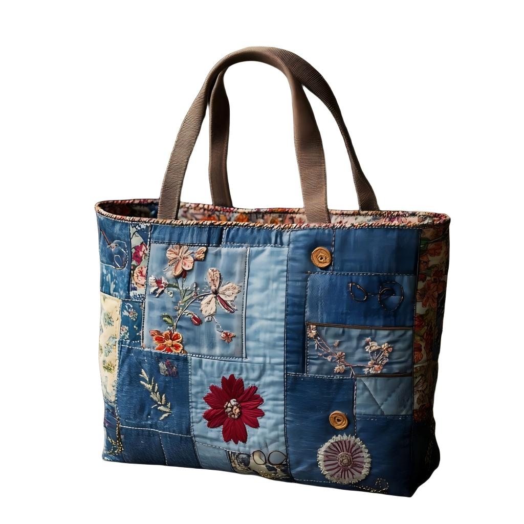 Indigo Flowers Quilted Tote Bag 