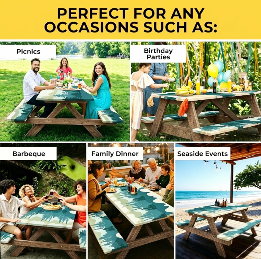 Stretch Tablecloth with Bench Covers & Carrying Bag - Waterproof Polyester Picnic Table Cover Set for Outdoor Patio Furniture