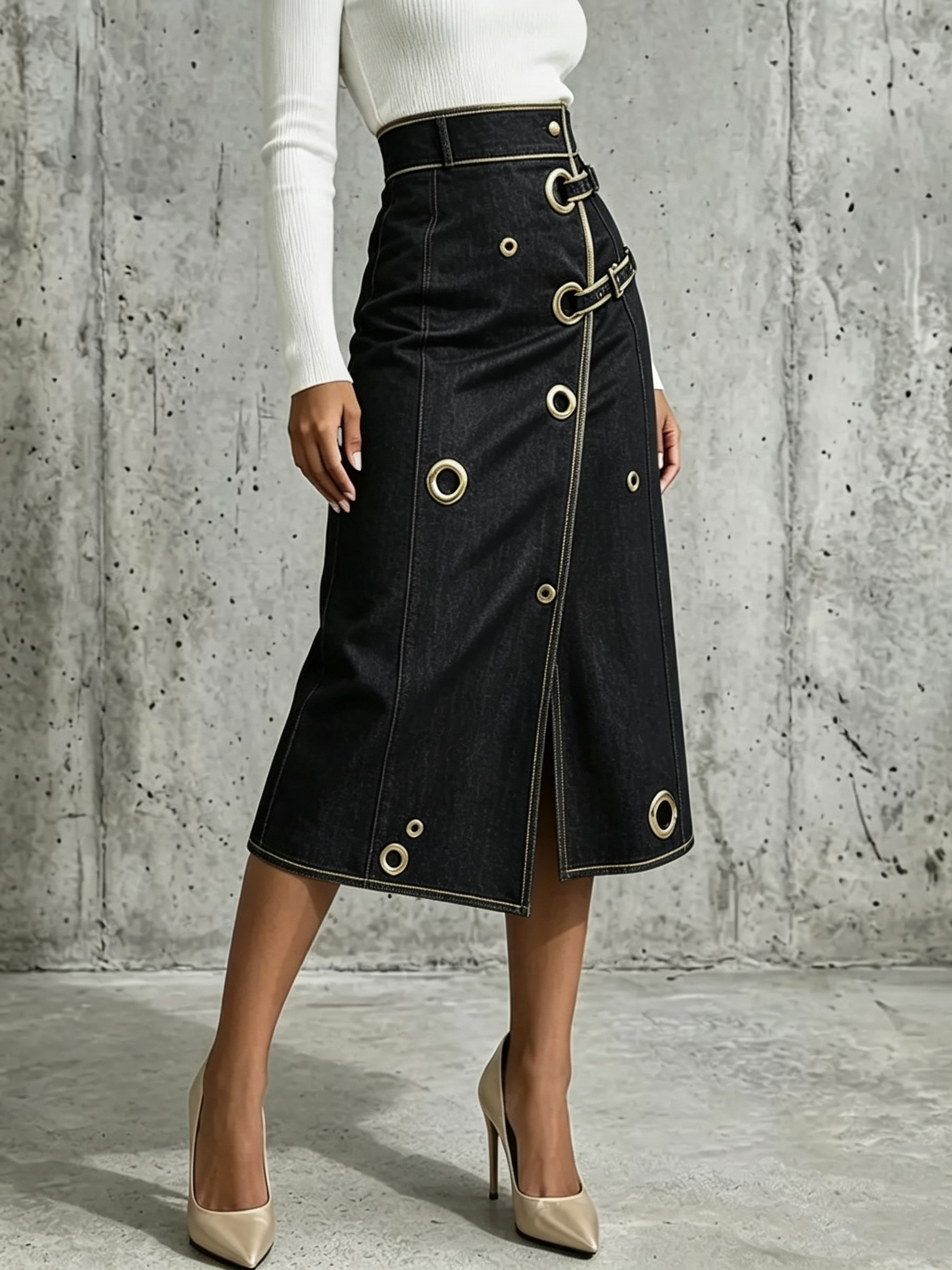 Chic And Refined Denim Midi Skirt With Gold Piping.