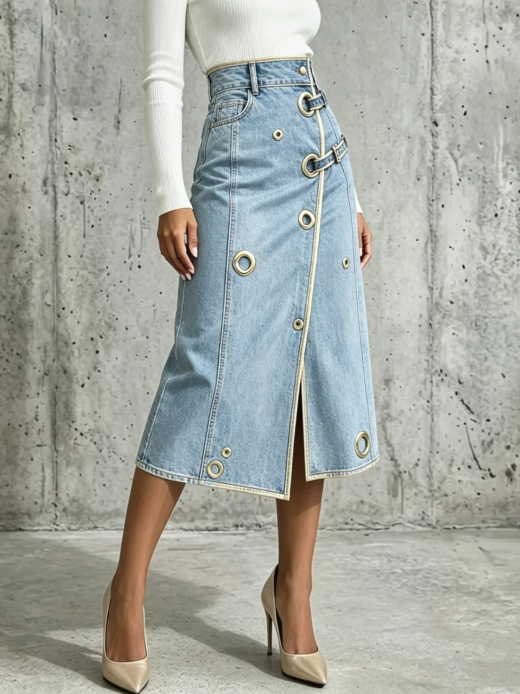 Chic And Refined Denim Midi Skirt With Gold Piping.