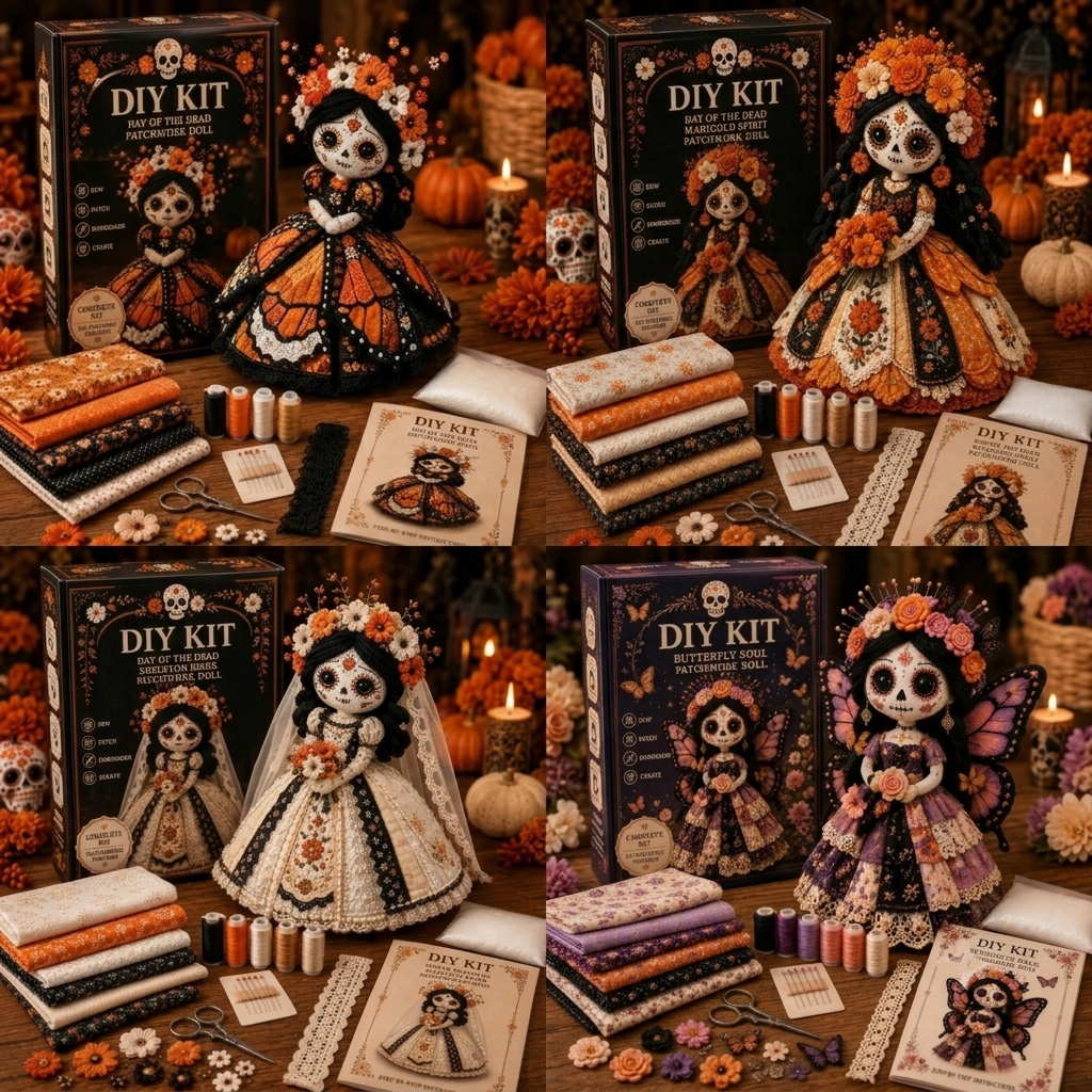 🔥LAST DAY 49% OFF - 🎃Day of the Dead Patchwork Doll DIY Sewing Kit - Handmade Fabric Doll Craft Kit with Floral Details