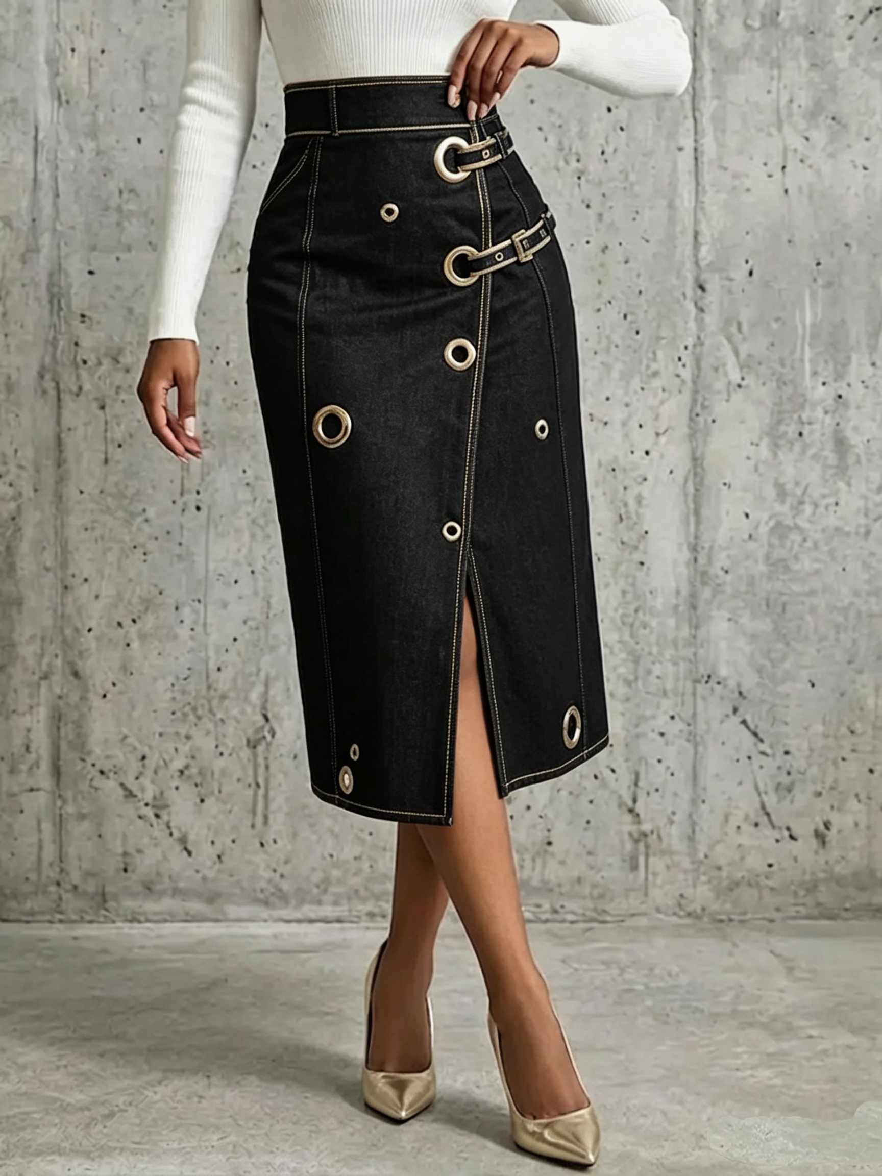 Chic And Refined Denim Midi Skirt With Gold Piping.