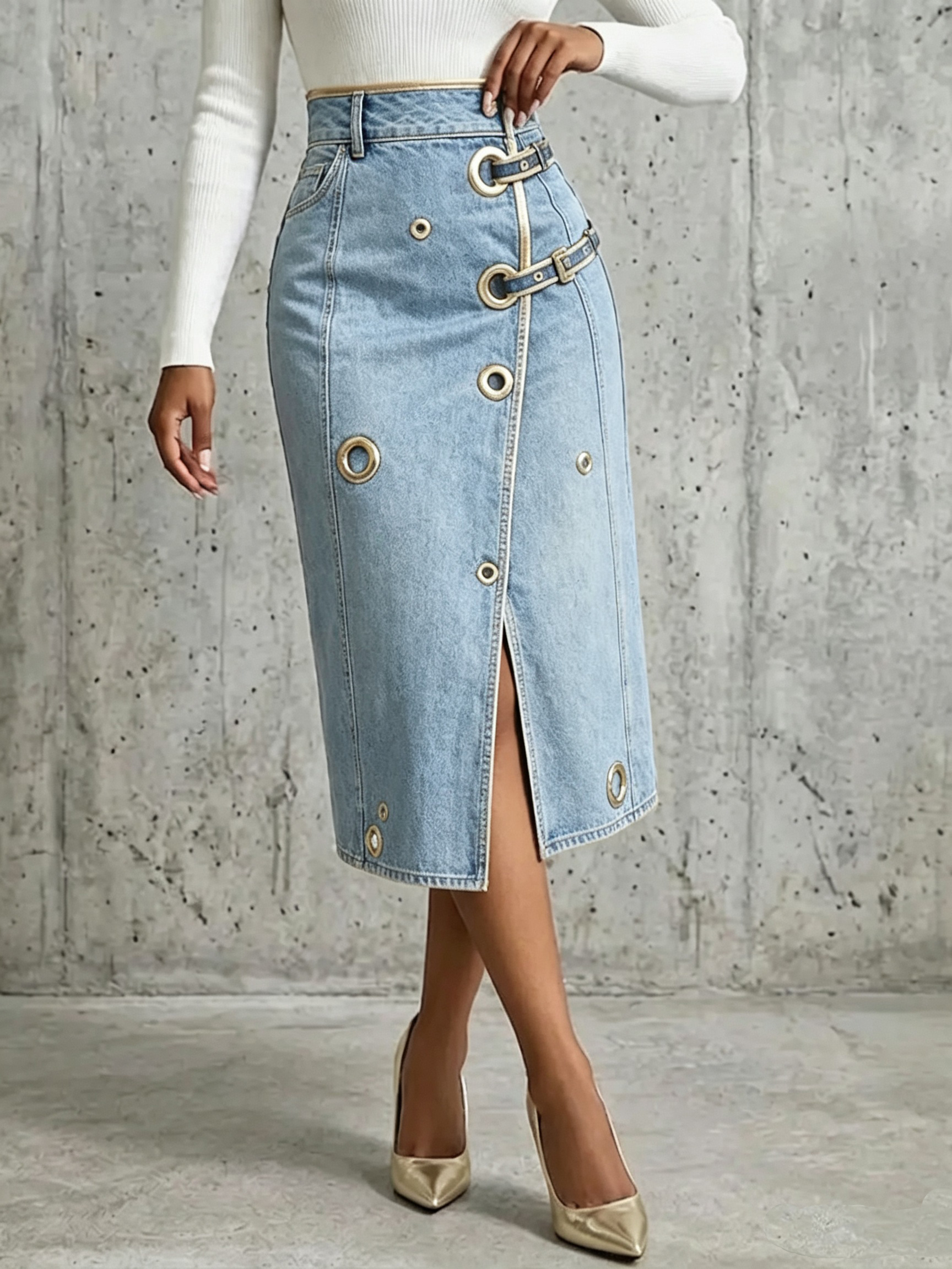 Chic And Refined Denim Midi Skirt With Gold Piping.