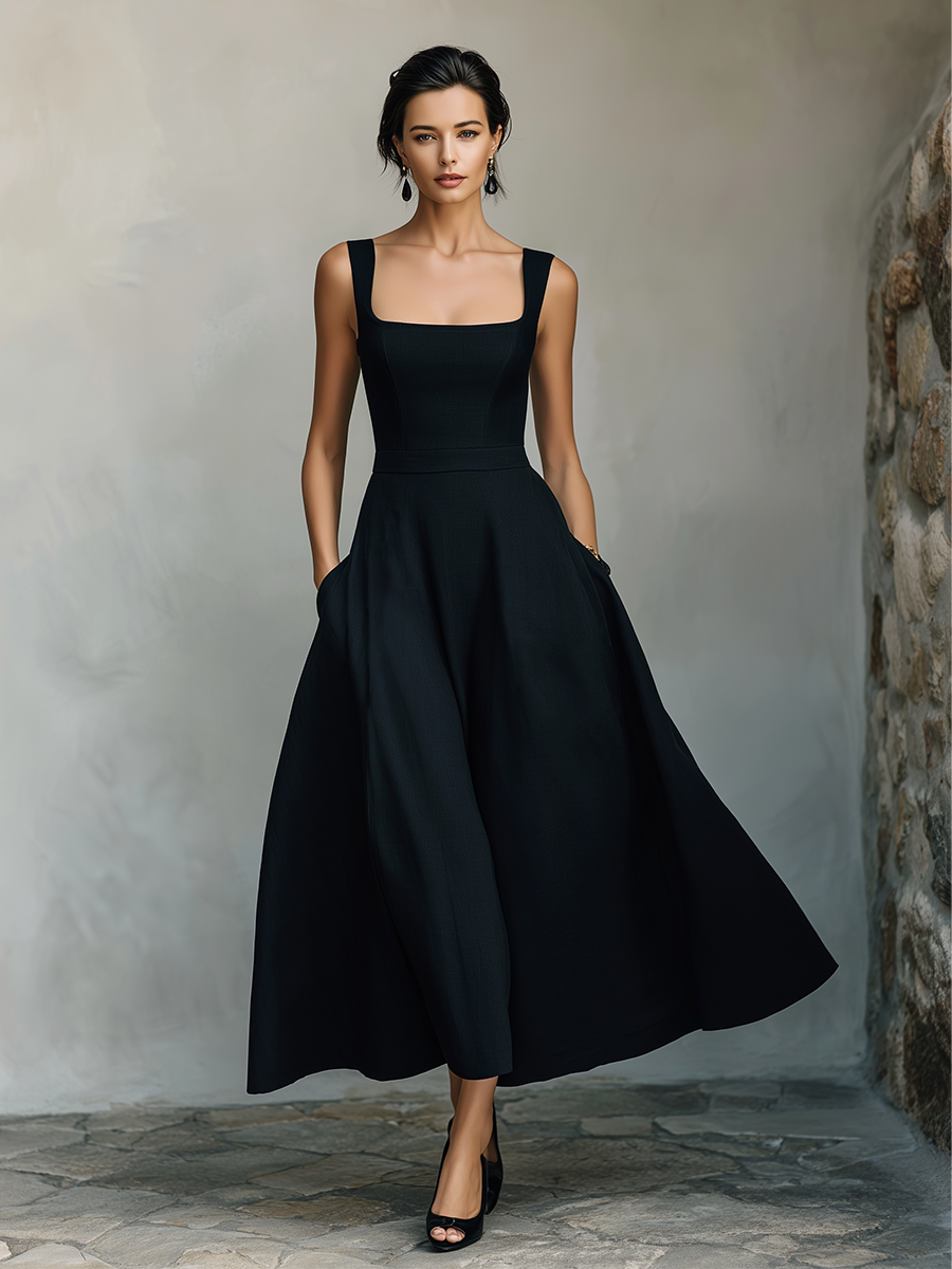 Women's Black Cotton-Blend Maxi Dress With Wide Square Neck Thick Straps & Side Patch Pockets, Minimalist Elegant Formal Swing Dress