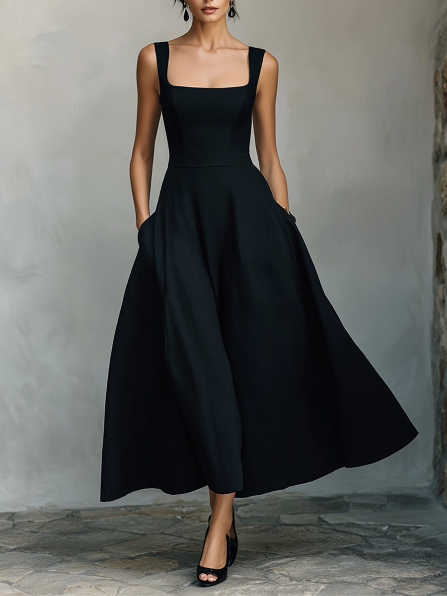 Women's Black Cotton-Blend Maxi Dress With Wide Square Neck Thick Straps & Side Patch Pockets, Minimalist Elegant Formal Swing Dress