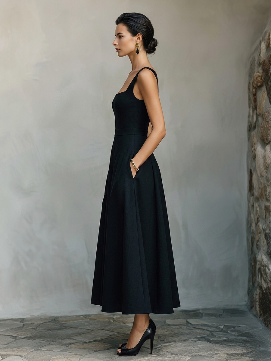 Women's Black Cotton-Blend Maxi Dress With Wide Square Neck Thick Straps & Side Patch Pockets, Minimalist Elegant Formal Swing Dress
