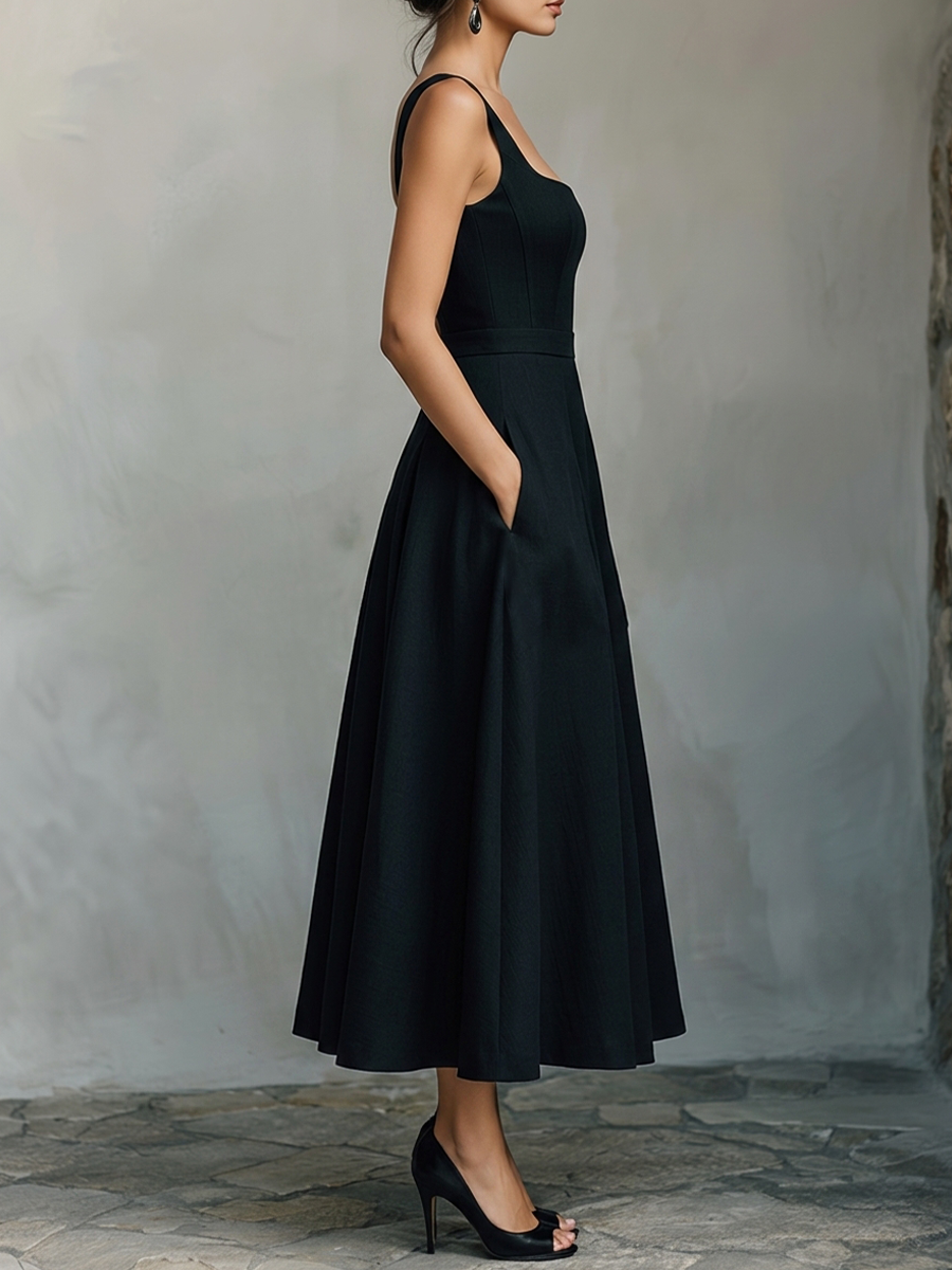 Women's Black Cotton-Blend Maxi Dress With Wide Square Neck Thick Straps & Side Patch Pockets, Minimalist Elegant Formal Swing Dress