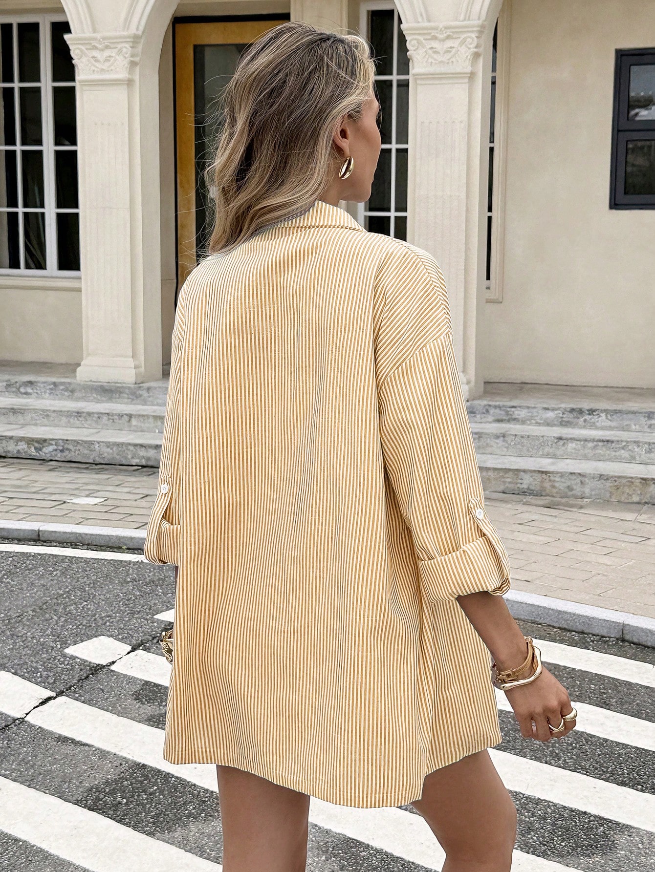 Women's Striped Long Sleeve Single-Breasted Shirt And Shorts Casual Two Pieces Set