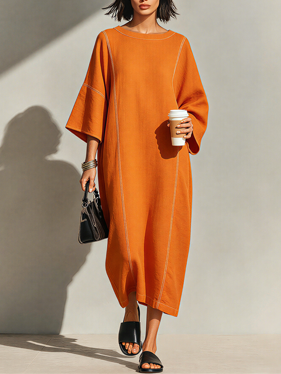 Women's Burnt Orange Linen Blend Maxi Dress With Contrast White Topstitch Seams & Dolman Three Quarter Sleeves, Minimalist Loose Loungewear Maxi Dress