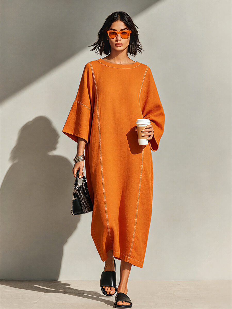 Women's Burnt Orange Linen Blend Maxi Dress With Contrast White Topstitch Seams & Dolman Three Quarter Sleeves, Minimalist Loose Loungewear Maxi Dress
