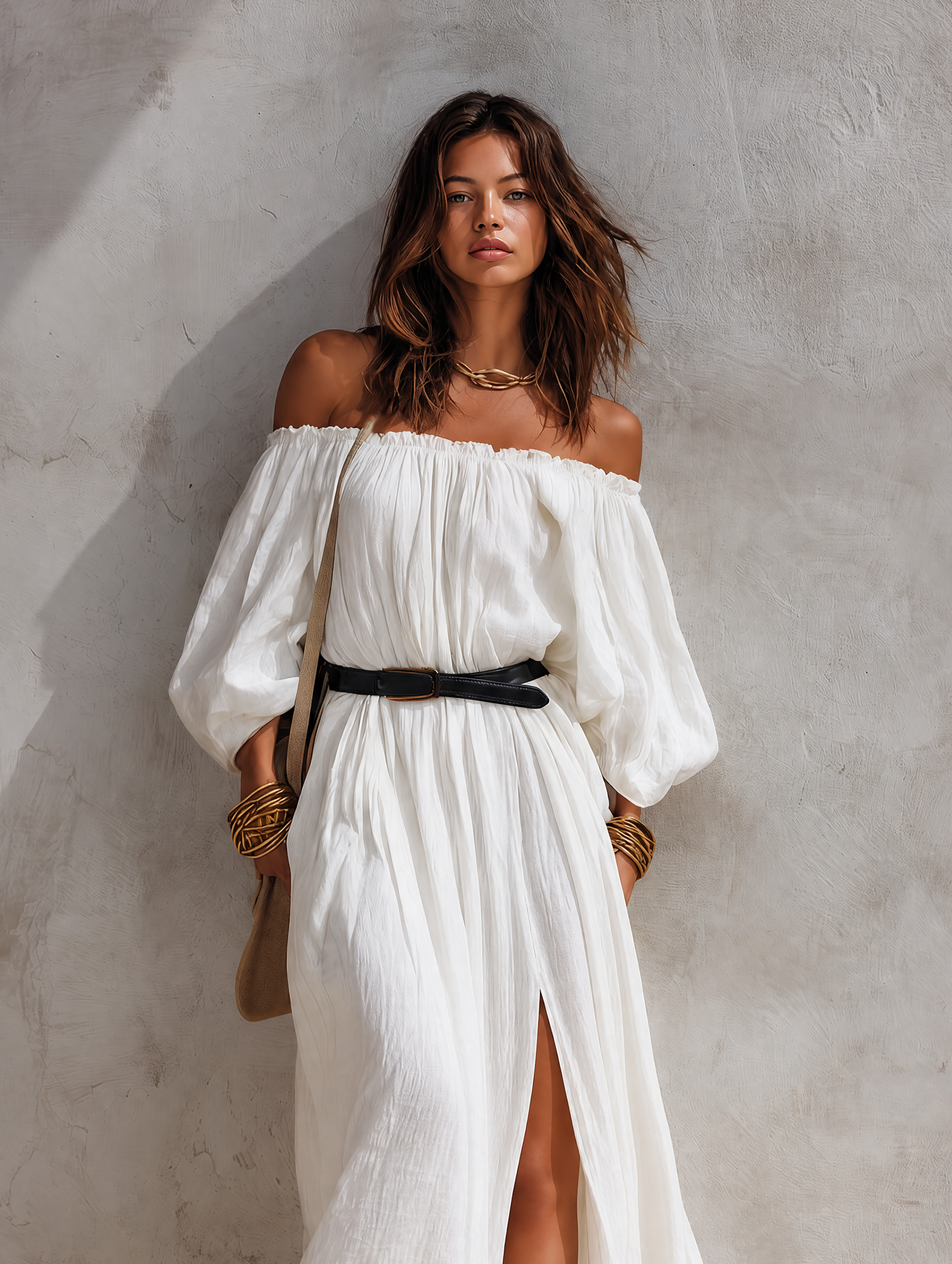 Women's Casual Beige Woven Off-Shoulder Long-Sleeve Maxi Dress (with Belt) 