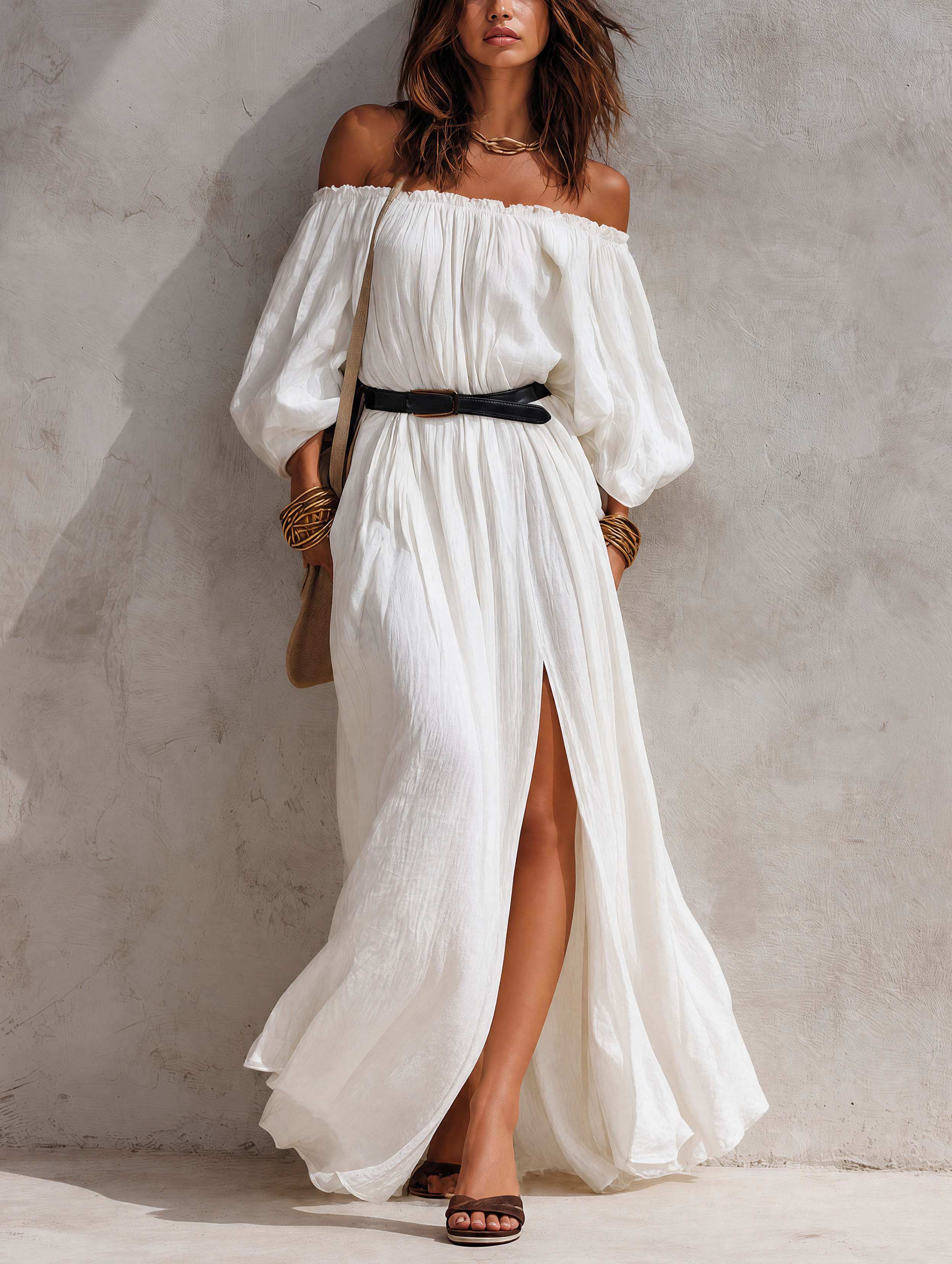 Women's Casual Beige Woven Off-Shoulder Long-Sleeve Maxi Dress (with Belt) 
