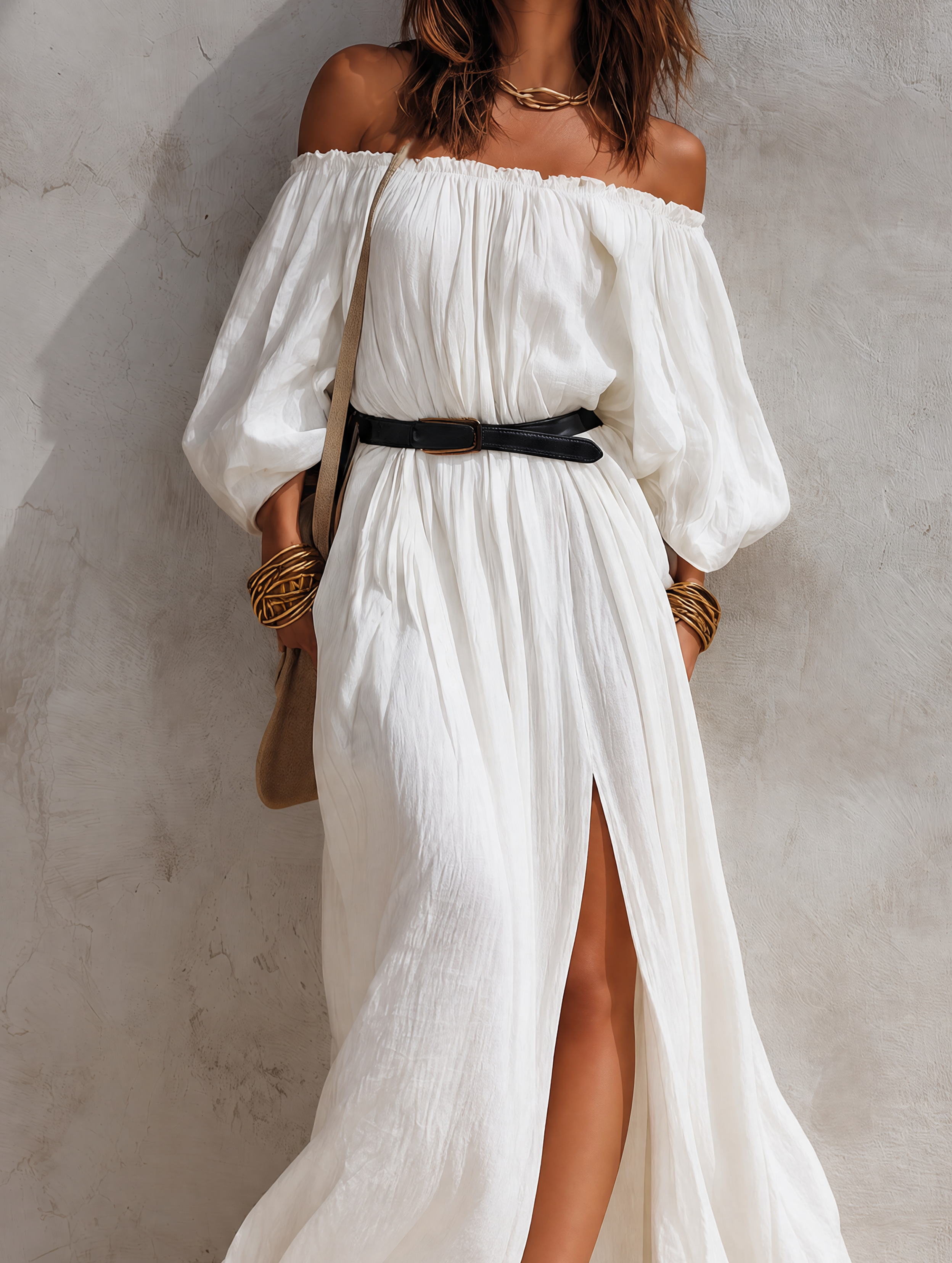 Women's Casual Beige Woven Off-Shoulder Long-Sleeve Maxi Dress (with Belt) 