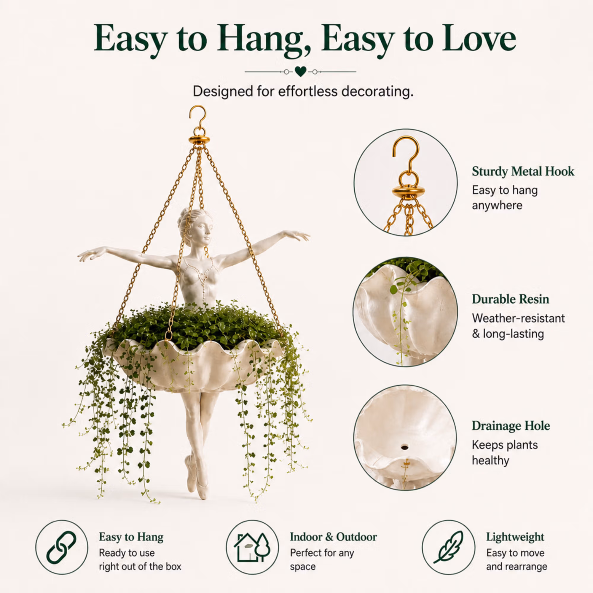 Decorative Resin Dancing Figure Hanging Flower Pot with Detachable Metal Chain, Lovely Home Garden Ornament, Present for Plant Lovers