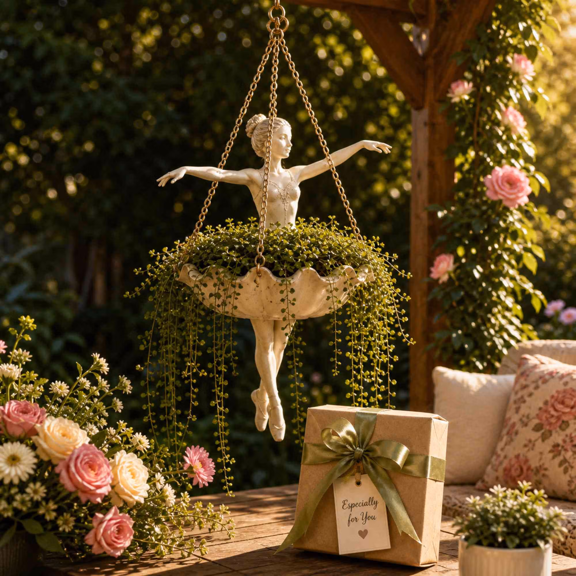 Decorative Resin Dancing Figure Hanging Flower Pot with Detachable Metal Chain, Lovely Home Garden Ornament, Present for Plant Lovers