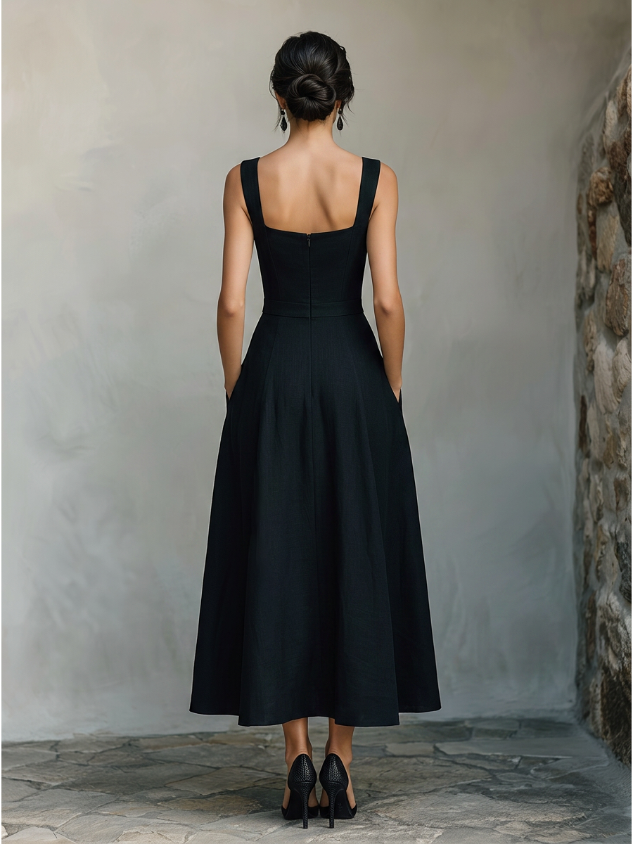 Women's Black Cotton-Blend Maxi Dress With Wide Square Neck Thick Straps & Side Patch Pockets, Minimalist Elegant Formal Swing Dress