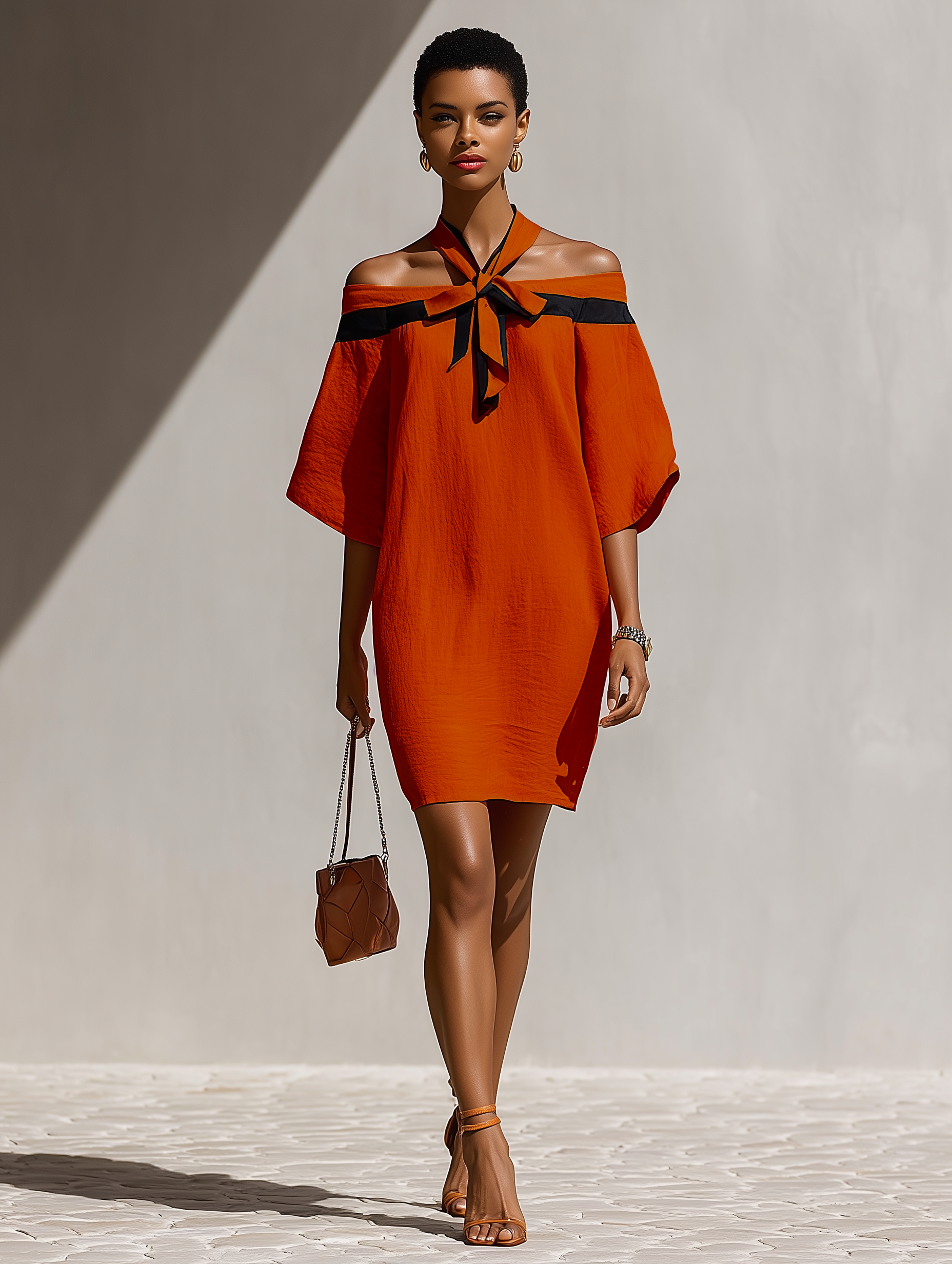 Women’s Orange Off-Shoulder Mini Dress With Black Bow Neck Detail