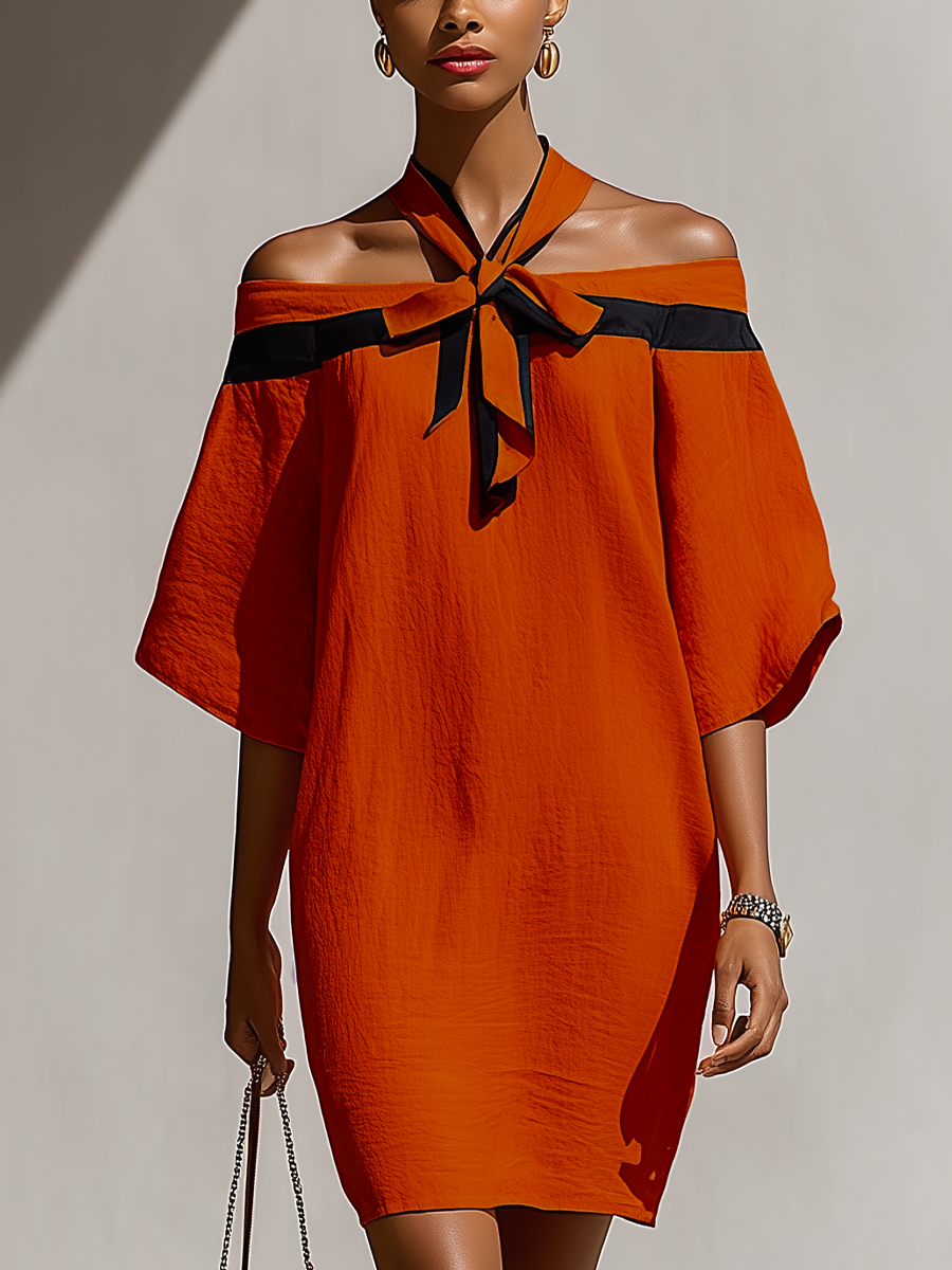 Women’s Orange Off-Shoulder Mini Dress With Black Bow Neck Detail
