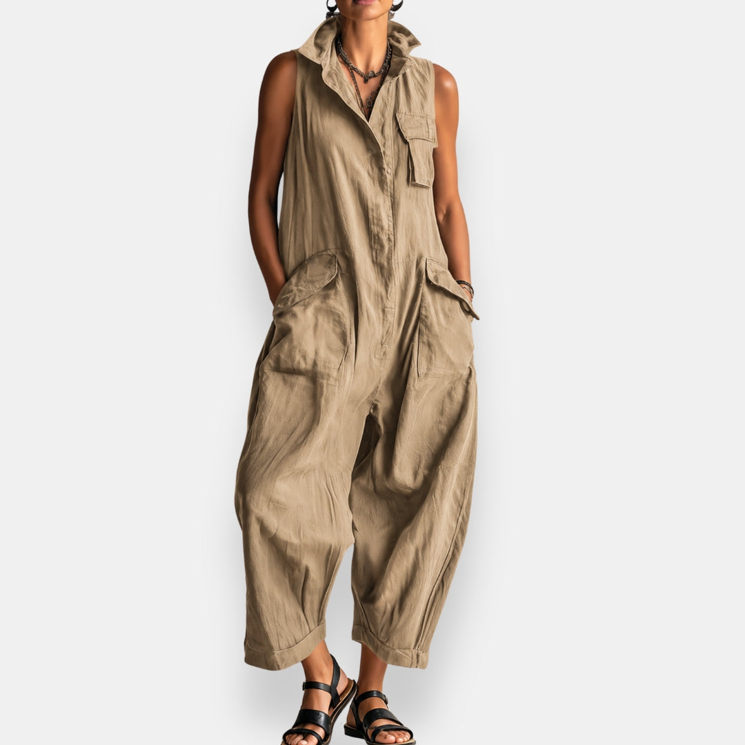 🔥Flash Sale 49% OFF Sleeveless Cargo Jumpsuit with Collar and Flap Pockets