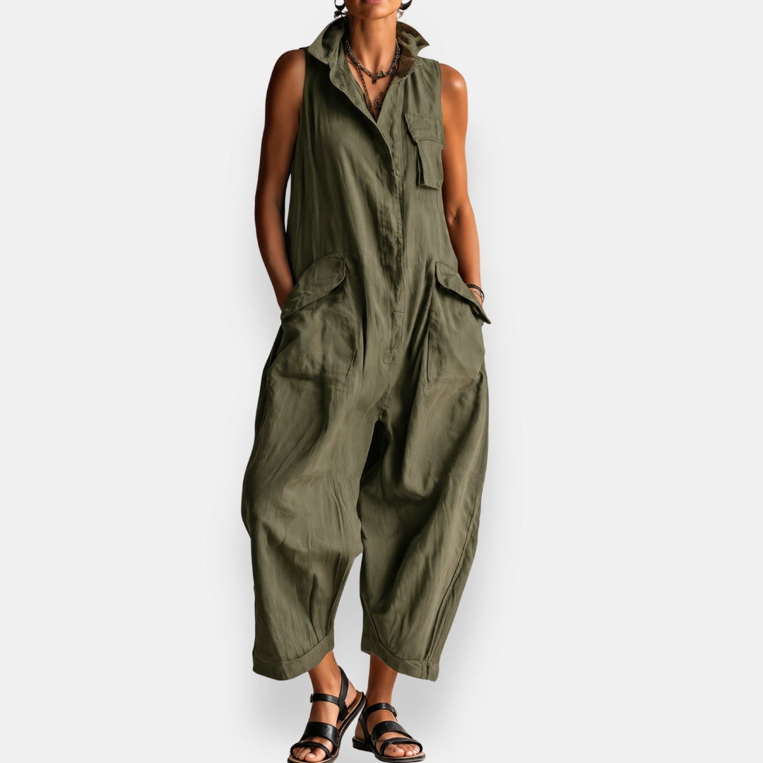 🔥Flash Sale 49% OFF Sleeveless Cargo Jumpsuit with Collar and Flap Pockets