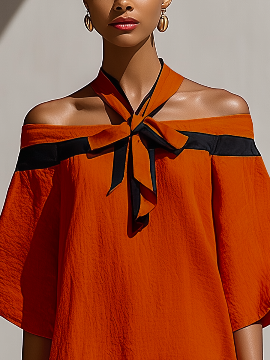 Women’s Orange Off-Shoulder Mini Dress With Black Bow Neck Detail