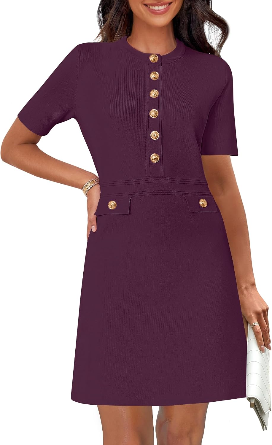 Women's Summer Short Sleeve Bodycon Sweater Mini Dress | Business Casual Outfits, Button Down, Formal Work Office Short Dress, Elegant Classy, Crewneck, Knit Fabric, Funeral Dress